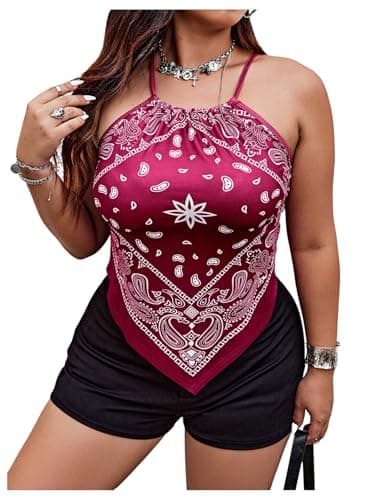 OYOANGLE Women's Plus Size Paisley Boho Halter Camisole Criss Cross Back Hanky Hem Cami Tops Purple 3X-Large Plus