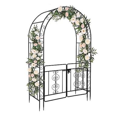 Outvita 7FT Garden Arch Arbor with Entry Door, Heavy Duty Metal Arbour Archway, Decorative Frame Stand Trellis with Ground Stakes for Wedding Ceremony Party Plant Climbing Rose Vines Patio Black