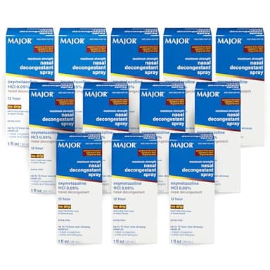 MAJOR Maximum Strength Nasal Decongestant Spray, Oxymetazoline HCl 0.05% Pump Mist, Non-Drowsy Nasal Spray, up to 12-Hour Relief from Nasal Congestion, Colds, and Allergies 1 Fl. Oz. (12-Pack)