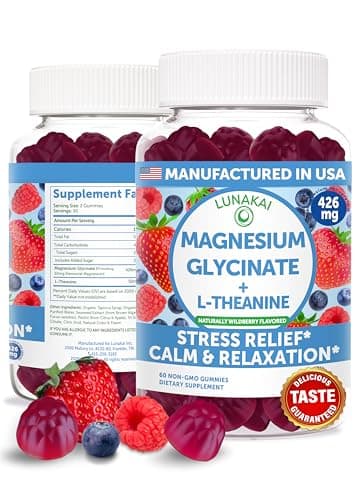 Lunakai USA Manufactured Magnesium Glycinate Gummies 426mg with L-Theanine – Calm, Sleep, Stress Relief for Adults & Kids, Non-GMO, Vegan, 60ct