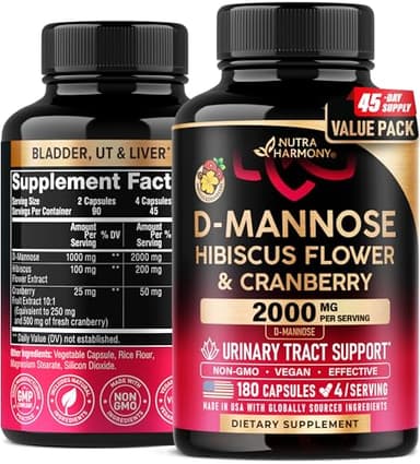D-Mannose 2000mg with Cranberry & Hibiscus - Clinically Tested Strength for Urinary Tract Health - Supplement for Women - Bladder, Liver & Microflora Support - Made in USA - Vegan, 180 Capsules