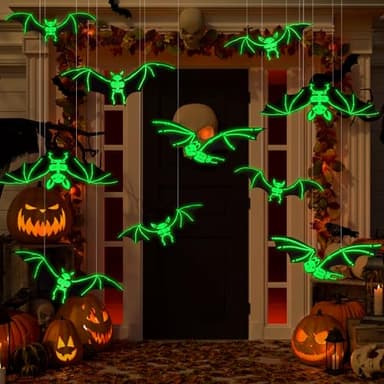 Vellibring 12PCS Halloween Hanging Bats Decorations, Large Plastic Flying Bats with Realistic Scary Glowing Skeleton Bats for Halloween Outdoor Tree Porch Yard Lawn Indoor Decor, Black