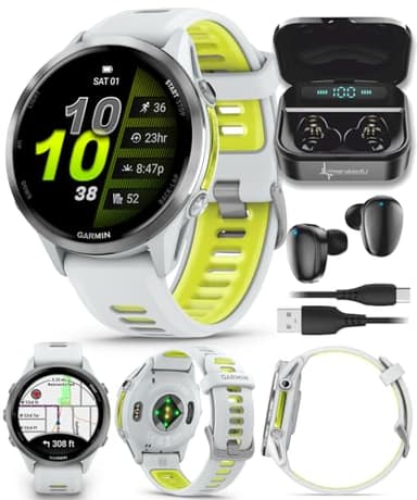 Wearable4U Garmin Forerunner 970 Titanium Smartwatch with Whitestone Case and Whitestone/Translucent Amp Yellow Band, AMOLED Display Black Earbuds Bundle