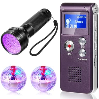 Dunzy 4 Pcs Ghost Hunting Equipment Kit Include 1 EVP Voice Recorder 8 Gb 1 UV Flashlight 2 LED Light up Cat Balls Ghost Investigation Paranormal Equipment for Home Outdoor Inspection(Purple,Classic)