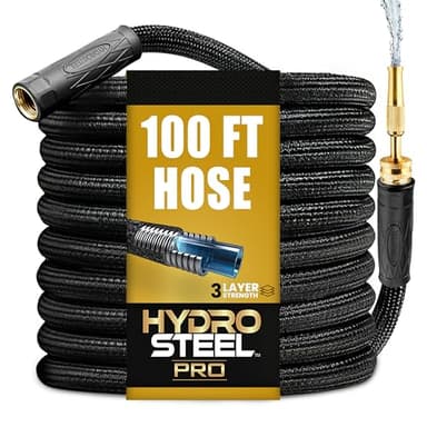 Hydrosteel PRO 100 Ft Heavy Duty Metal Garden Hose with Nozzle, Water Hose Made from 304 Stainless Steel, Flexible, Lightweight, Brass Crush Resistant Fittings, Kink Free, 5/8” Diameter, 600 PSI