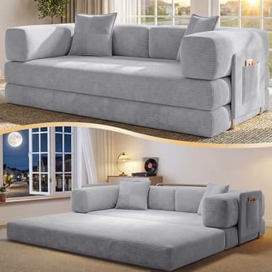 CUBENTE 78.8" Convertible Futon Sofa Bed,Corduroy Futon Couch with Storage Pocket,Folding Pull Out Sofa,No Assembly Boneless Couch for Living Room,Grey
