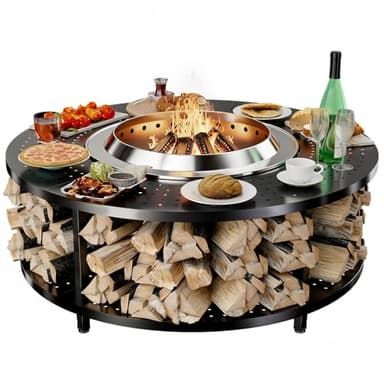 Fire Pit Surround Tabletop for Solo Stove Yukon 1.0 & 2.0, 48" Fire Pit Surround Tabletop with Wood Storage Shelf,Powder-Coated Steel Surround Tabletop with Extra Space