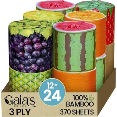 Gaias Premium and Soft Fruit TP Organic Bamboo Toilet Paper | 12 Mega Rolls, 3 Ply, 370 Sheets | FSC Certified, PFAS & BPA Free, Eco-Friendly, Sustainable Tissue - Plastic Free, Septic Safe, Vegan