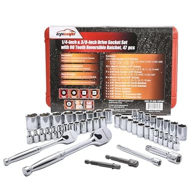 EPAuto 47 Pieces 1/4-Inch and 3/8-Inch Drive Socket Set with 90 Tooth Reversible Ratchet