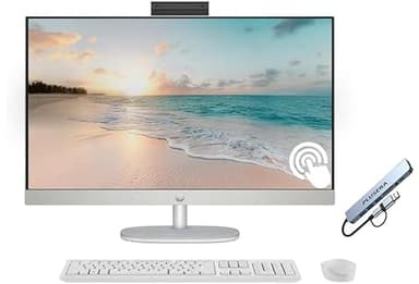 HP 27" FHD Touchscreen All-in-One Desktop Computer, Quad-Cores Ryzen 5 7520U, 16GB RAM 1TB SSD, Windows 11, Wireless Keyboard & Mouse, PLUSERA 8-in-1 Hub Included, White