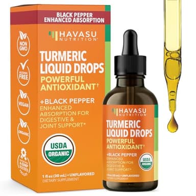 USDA Organic Turmeric Liquid Drops with Black Pepper - 1000mg Curcumin Supplement for Immune & Digestive Health - 30 Servings - Enhanced Absorption - Non-GMO, Vegan, Gluten Free - Unflavored, 1 Fl Oz