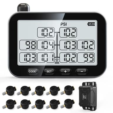 GUTA RV Tire Pressure Monitoring System, RV TPMS with 10 Flow Thru Sensors, 6 Alert Modes, Signal Booster, Power Saving Display, Long Sensing Distance, for 3 Trailers (T1/T2/T3), Camper, Motorhome