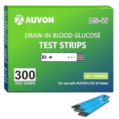 AUVON DS-W Draw-in Blood Glucose Test Strips for use with AUVON DS-W Diabetes Sugar Testing Meter (No Coding Required, 300 Count)
