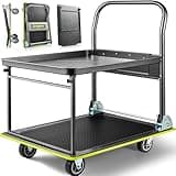 Heavy Duty Push Cart Dolly (700 lbs), Foldable Platform Hand Truck Made with High-Strength Steel, 2 Tier Design, Moving Flatbed Cart with Wheels for Warehouse, Garage, Workshop, Office