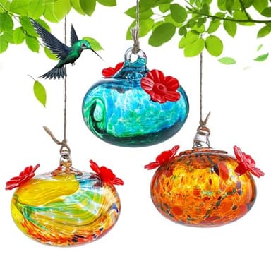 Set 3 Small Blown Glass Hummingbird Feeders for Outdoors Hanging with 2 Flower Feeding Ports 3inch Glass Humming Bird Feeders Garden Decor for Outside