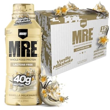 REDCON1 MRE Ready to Drink Protein Shake, Vanilla Milkshake - Lactose Free RTD 40gr Protein Made with Real Whole Food Protein Blends - Easy to Digest Nutritional Shake (12 Pack)