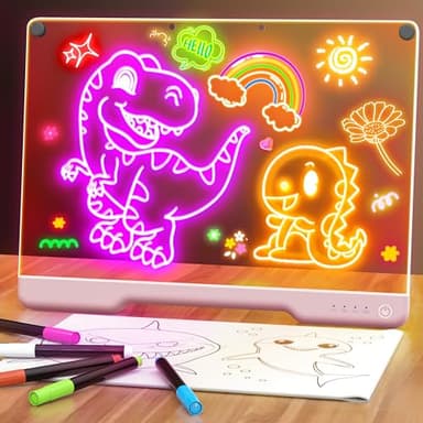 16-Inch Rechargeable LED Drawing Board, 9-Color Light Modes, Neon Art Dry Erase Light Up Doodle Glow Pad with Built-in Stand, Sketching Gift Toy for Kids/Girls/Teens, 5 Markers & Tracing Book