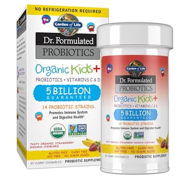 Garden of Life Dr. Formulated Probiotics Organic Kids+ - Digestive Health Support - Prebiotic Fiber & Vitamins C & D - Supports Immune Function - Shelf Stable - Strawberry Banana, 30 Yummy Chewables
