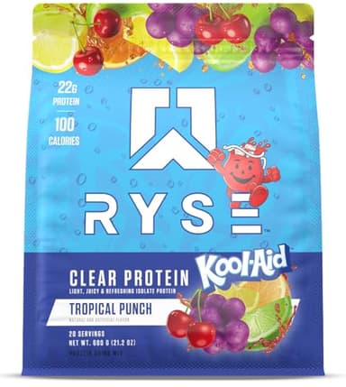 Ryse Clear Whey Isolate Protein Powder - Kool-Aid Tropical Punch - 22g Fast-Digesting Whey Protein - Light, Juicy & Refreshing - 100 Calories, Zero Sugar, Zero Artificial Colors - 20 Servings Bag