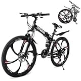 Omelaza 26 Inch Folding Mountain Bike, 21 Speed Full Suspension Bike with Dual Disc Brake, High-Carbon Steel Frame, Mountain Bicycle for Adults and Teenagers, Men/Women, Black