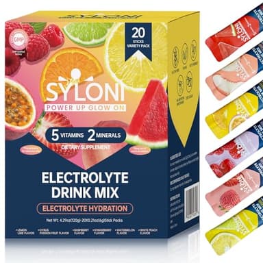 Syloni Electrolytes Powder Packets, Trial Variety Pack(20 Sticks), Sugar Free Hydration Packets Electrolyte Drink Mix with 7 Vitamins and Electrolytes, Keto Friendly, Vegan, Gluten Free