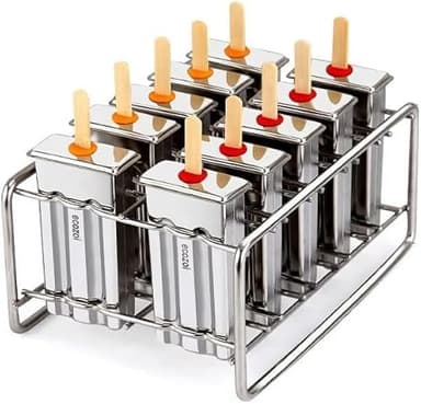 ecozoi Stainless Steel Popsicle Molds and Rack - 10 Square Ice Pop Makers + 50 Reusable Bamboo Sticks + 20 Silicone Seals + 1 Cleaning Brush + 1 Rack