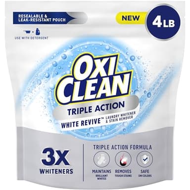 OxiClean Triple Action White Revive Laundry Whitener and Stain Remover Powder, Use with Detergent, Whitens and Brightens Clothes, Removes Tough Stains, Color Safe, Chlorine Free, 4 lbs