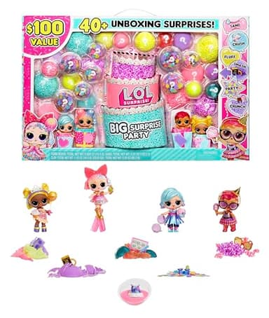 LOL Surprise Big Party With 4 Collectible Dolls, 40+ Surprises, 100 Value, 6 Unboxing Experiences, Fashions, Sand, Gel Crush, Shell Smash, Fluff, Party Confetti, Crunch Beads, Gift for Girls