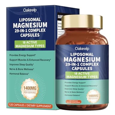 29-in-1 Liposomal 18 Active Types Magnesium Complex 1400MG Capsule,L-Threonate Glycinate Malate etc,Mild & Efficient,Extra Vitamin B6 B12 D3K2 & CoQ10, Relaxation Nerve* & Hert* Support