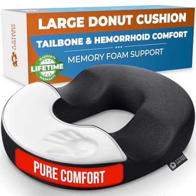 5 STARS UNITED Donut Pillow Hemorrhoid Tailbone Cushion – Large Cushion for Pain Relief – Coccyx, Prostate, Sciatica, Pelvic Floor, Pressure Sores, Pregnancy, Postpartum Recovery, Black