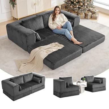STHOUYN 79" Corduroy Folding Convertible Sleeper Sofa Bed Queen, Grey Pull Out Floor Modular Couch with Pillow, Memory Foam Boneless Couchs Sectional for Living Room Bedroom (2, Grey)