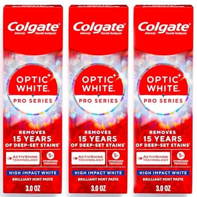 Colgate Optic White Pro Series High Impact White, 3 Pack, Teeth Whitening Toothpaste with 5% Hydrogen Peroxide and ActivShine, Brilliant Mint Flavor, 3.0 OZ