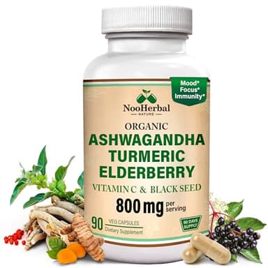 Ashwagandha Supplements with Turmeric Curcumin, Elderberry, Vitamin C & Black Seed - Supports Relaxation, Mood & Immune Health - 800mg - 90 Vegan Capsules, Non-GMO & Gluten-Free