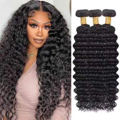 Human Hair Bundles Deep Wave Curly Bundle Human Hair Brazilian Virgin Hair 16 18 20 Inch 3 Bundles for Women 10A Grace Unprocessed Deep Curly Hair Bundle Weave Extensions Natural Black