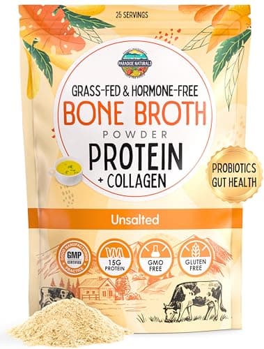 Paradise Naturals 100% Grass-Fed Natural Beef Bone Broth Powder + Active Probiotics, Collagen, 15g Protein, Non-GMO, Low Sodium, Gut Health, Paleo, Keto, Gluten-Free, for Healthy Skin, Hair, Joints