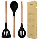 FONGLUAN Kitchen Utensils. Set of 3, Silicone Cooking Utensils Set, Turner/Spatula, Spoons with Wooden Handle, Heat Resistant, Nonstick Cookware, Dishwasher Safe, Black