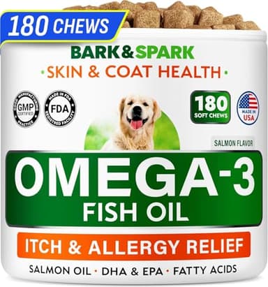 BARK&SPARK Omega 3 for Dogs - 180 Fish Oil Treats for Dog Shedding, Skin Allergy, Itch Relief, Hot Spots Treatment - Joint Health - Skin and Coat Supplement - EPA & DHA Fatty Acids - Salmon Oil