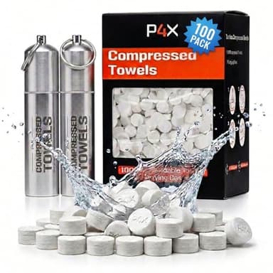 Compressed Towel Tablets - 100% Bamboo Camping Toilet Paper Tablets, Great for Hiking, Travel & Backpacking - Disposable Washcloths, Body Wipes, Paper Towel Coin Tissue - 100 Pack with Metal Cases