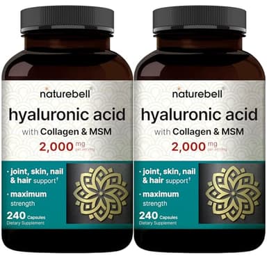 NatureBell 2 Pack Hyaluronic Acid Supplements 2,000 mg | 480 Total Capsules, with MSM & Hydrolyzed Bovine Collagen – 3 in 1 Support for Skin Hydration, Joint Lubrication, Hair, and Eye Health