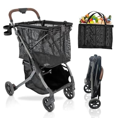 Strolee Stability Shopping Cart On Premium Wheels – Lightweight Aluminum Frame – Removable Shopping Bag with Carry Strap & Lower Grocery Storage 75Lbs Storage Capacity (Black)