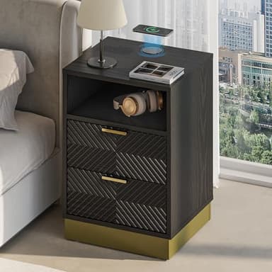 ANCTOR Modern Black Nightstand with 15W Wireless Fast Charger, Dual Drawers, USB/Type-C Port & AC Outlets, Sturdy Engineered Wood Bedside Table with Gold Accents for Bedroom Organization