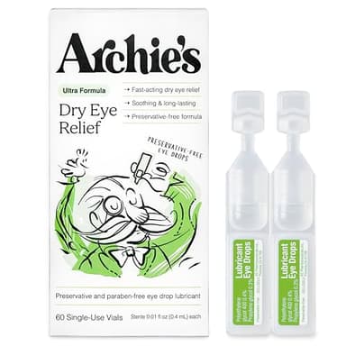 Archie's Remedies, Dry Eye Relief, Ultra Lubricating Eye Drops, Clean Formula and Preservative-Free Vials, Single-Use, for Irritation and Red Eyes, Natural Tears, 60 Count