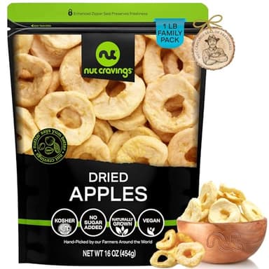 NUT CRAVINGS - Dried Apple Rings Slices, No Sugar Added - Chewy Soft Texture (16oz, 1 LB) Sweet Healthy Snack, Vegan, Kosher, Resealable Bag
