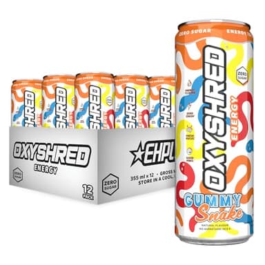 EHP Labs OxyShred Healthy Energy Drink - Zero Sugar Energy Drinks with Amino Acids, Green Tea Extract, Vitamin C & L Carnitine - Zero Carbs, Zero Calories, Clean Caffeine, Gummy Snake (12-Pack)