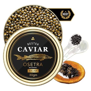 BESTER CAVIAR Premium Kaluga River Beluga Caviar – Traditionally Harvested Malossol Caviar with 1 Mother of Pearl Spoon – Single Tin (1.06 oz / 30 gr)