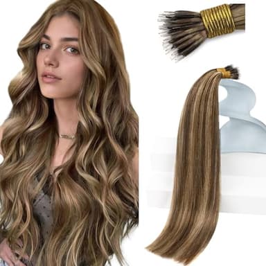 Sunny Hair Nano Hair Extensions Dark Brown Highlight Caramel Blonde Nano Link Hair Extensions Human Hair for Travel Nano Tip Hair Extension 18inch 50g