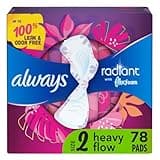 Always Radiant Feminine Pads For Women, Size 2 Heavy Flow Absorbency, Multipack, With Flexfoam, With Wings, Light Clean Scent, 26 Count x 3 Packs (78 Count total)
