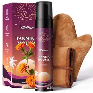VIVITAN Self Tanner Mousse Kit - 250mL XL & Mitt & Strap | 1-Hour Express Dark Bronze + Plant 30% DHA for Long-Lasting Tan | No Orange Tones, Streak-Free & Odorless | Natural Sunless Glow