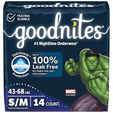 Goodnites Boys' Nighttime Bedwetting Underwear, Size S/M (43-68 lbs), 14 Ct, Packaging May Vary
