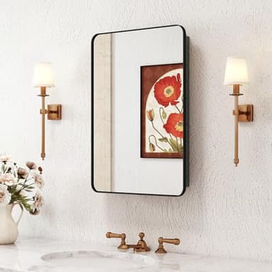 Venlus Medicine Cabinet with Mirror, 16x24 Fully Assembled Recessed or Wall-Mounted Bathroom Mirrored Cabinet with Adjustable Storage Shelves for Vanity, Metal, Black